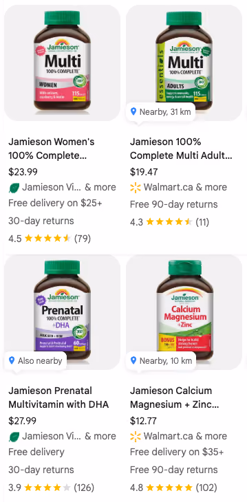 Four Jamieson supplement bottles: Women's Multi, Adult Multi, Prenatal with DHA, and Calcium Magnesium plus Zinc.