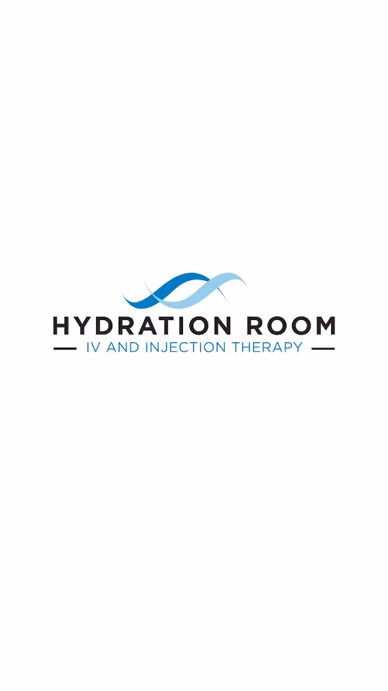 Logo with two blue wave shapes above text Hydration Room IV and Injection Therapy.