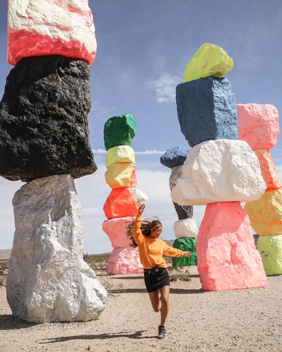 Seven Magic Mountains desert art installation of stacked, brightly painted boulders near Las Vegas.