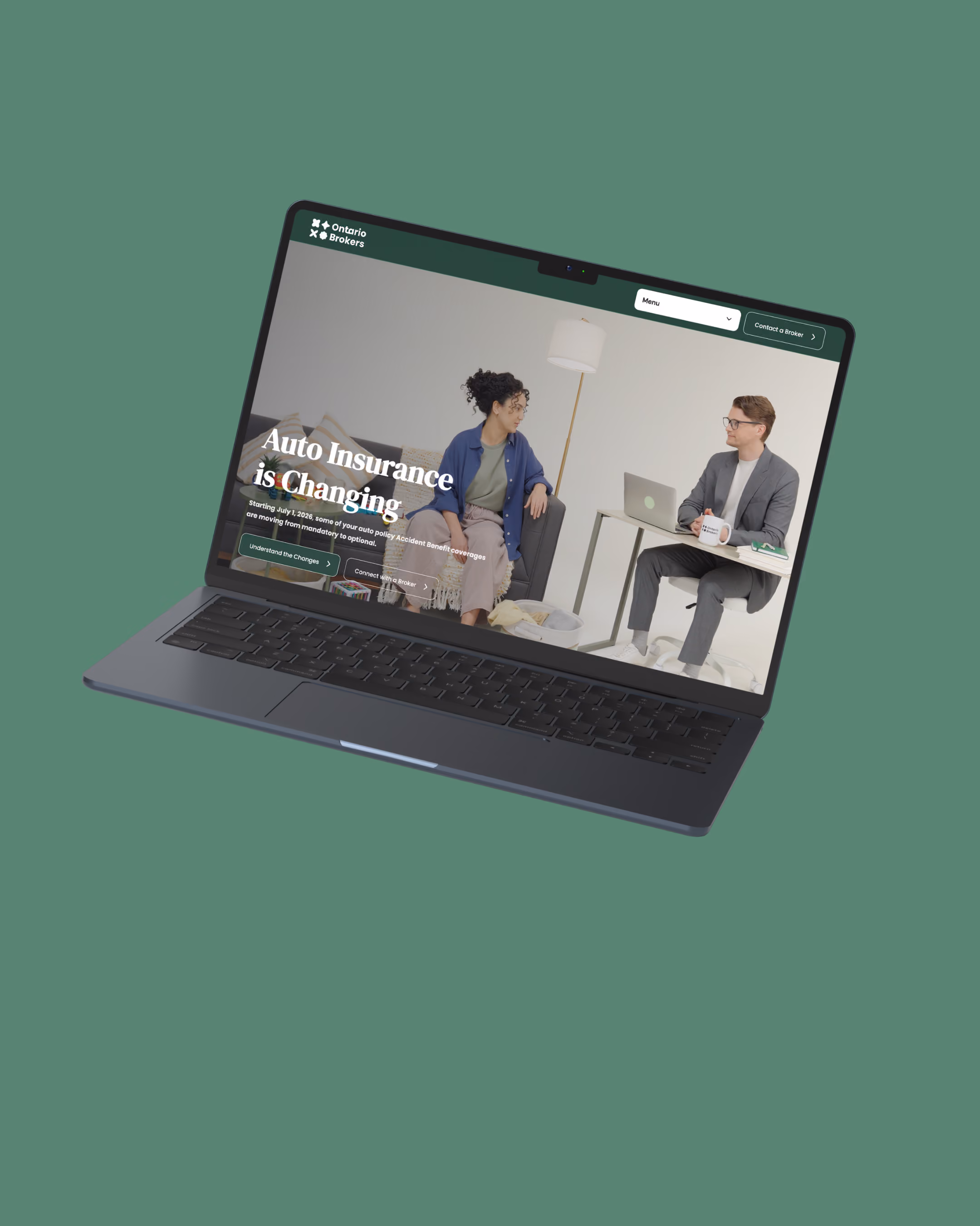 Laptop displaying a website about changes in auto insurance with two people talking indoors.