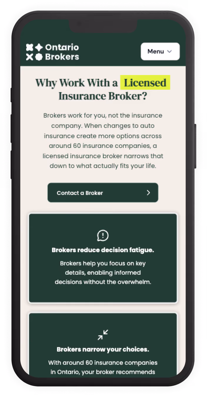 Mobile screen showing Ontario Brokers site explaining benefits of licensed insurance brokers and contact button.