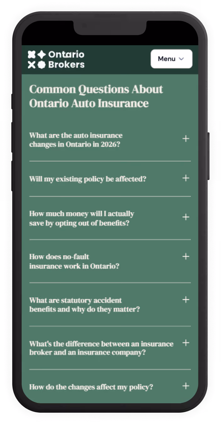 Mobile screen showing FAQ about Ontario auto insurance with questions on policy changes and benefits.