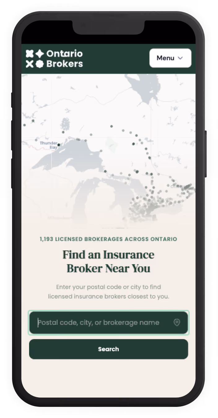Mobile screen showing map of Ontario with dots and a search tool to find licensed insurance brokers nearby.