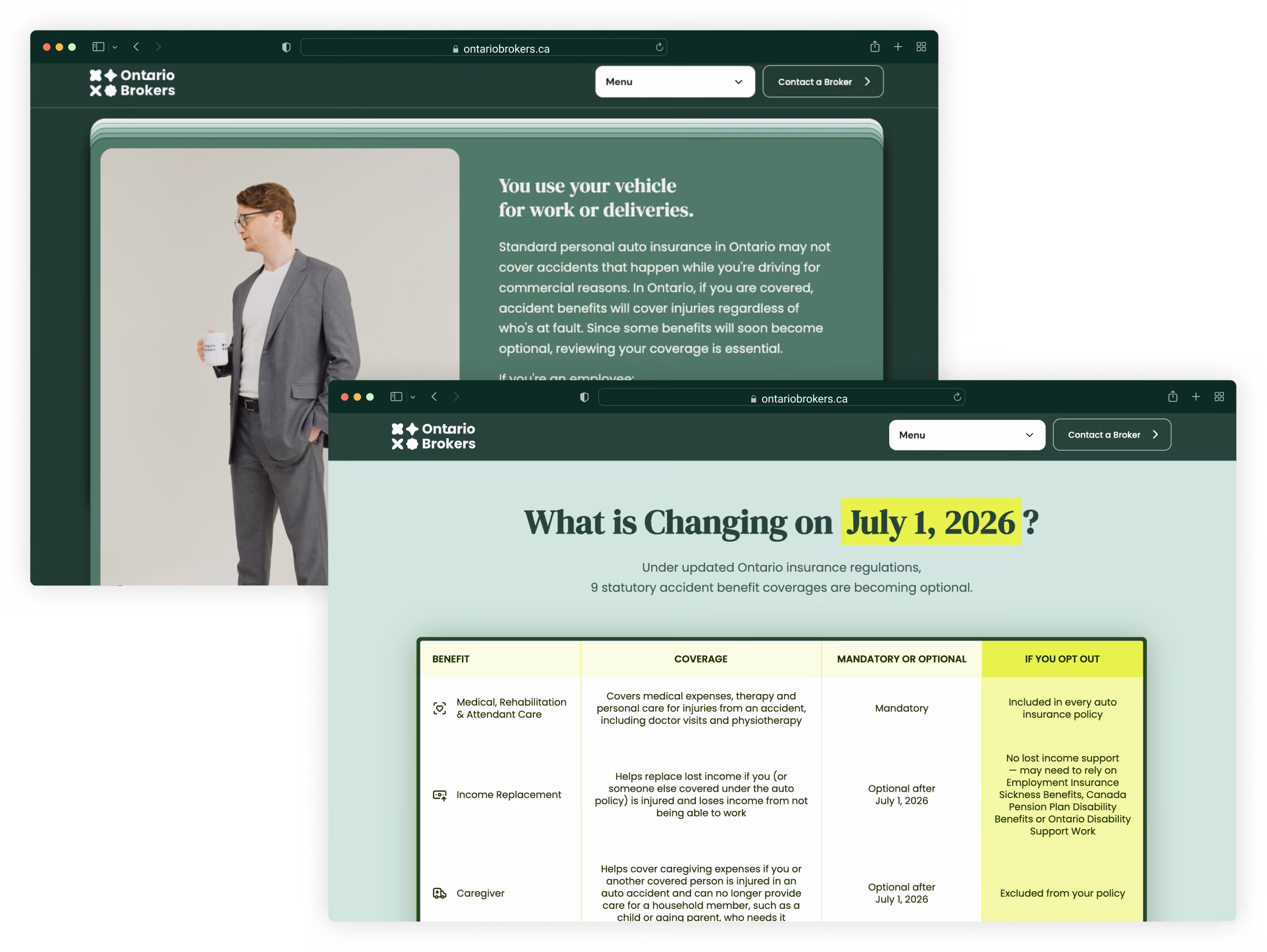 Website showing Ontario insurance changes July 1, 2026, with benefit coverage table and a man in a suit holding a mug.