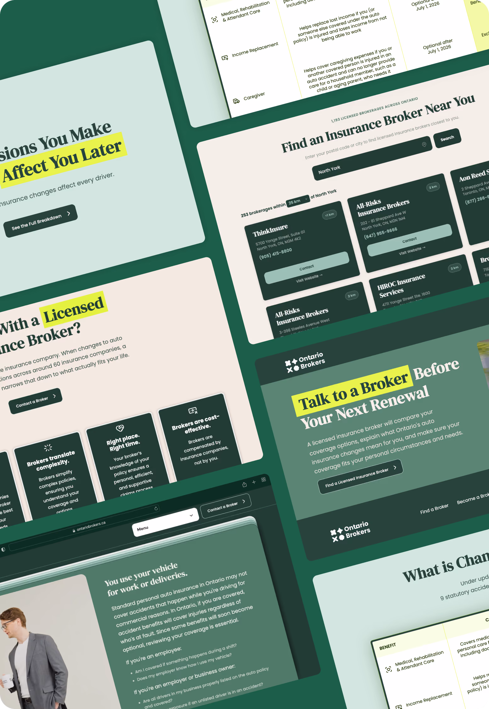 Website pages showing insurance broker search, coverage info, and benefits with highlighted key phrases.