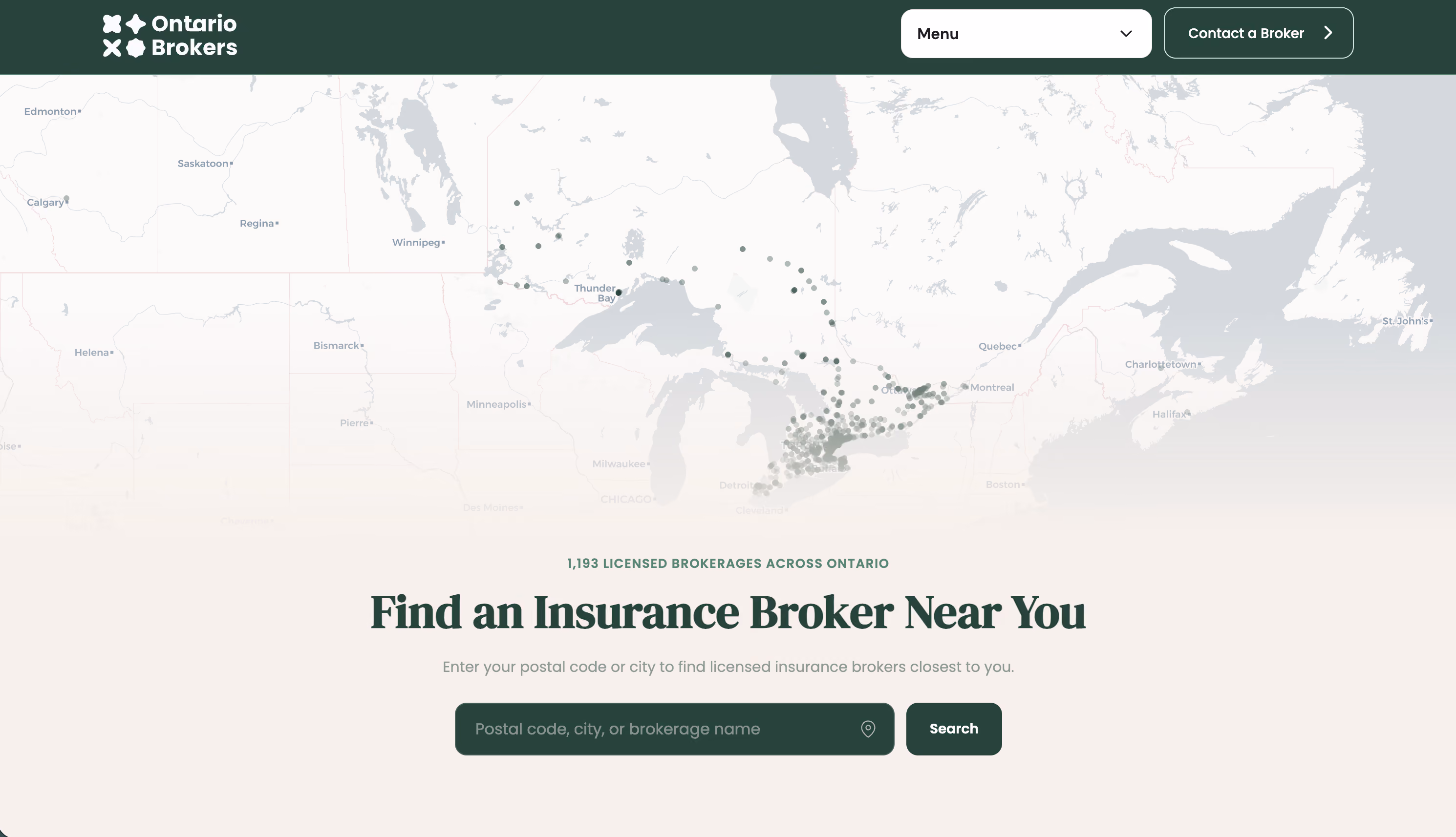 Map of Ontario with dots showing locations of 1,193 licensed insurance brokerages and a search bar below.