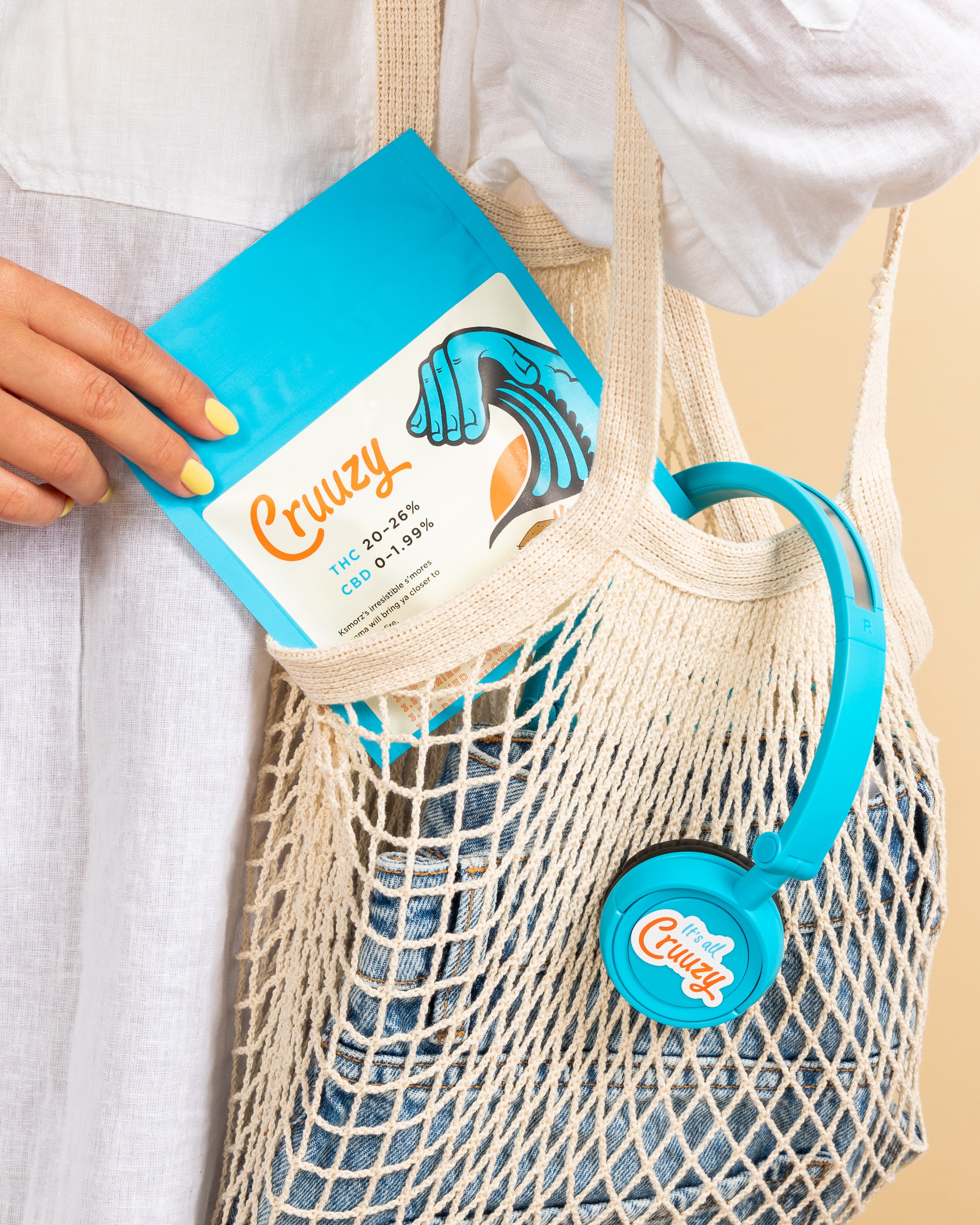 Cruuzy tote bag with headphones accessory, lifestyle photo