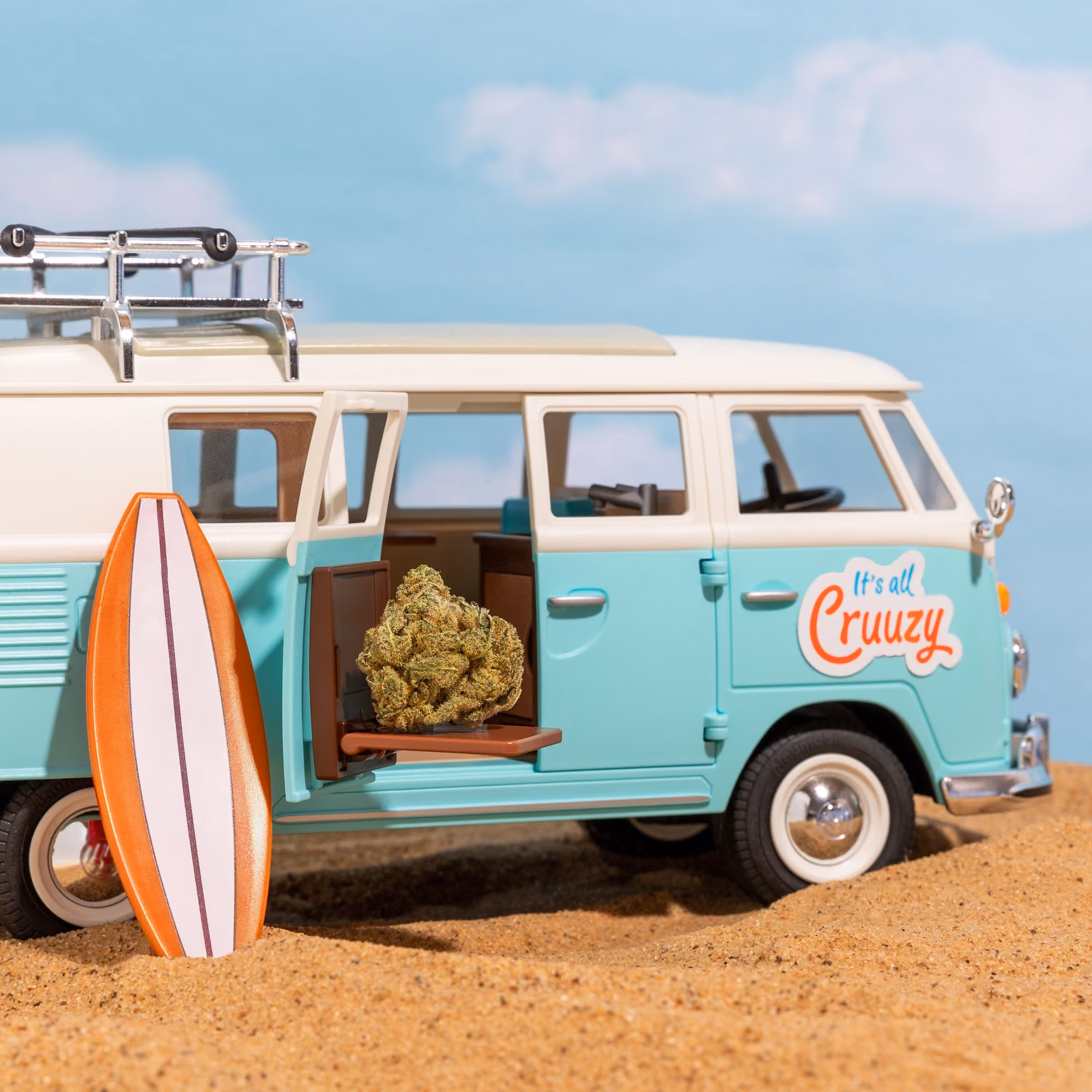 Cruuzy branded beach camper van creative with product on the roof