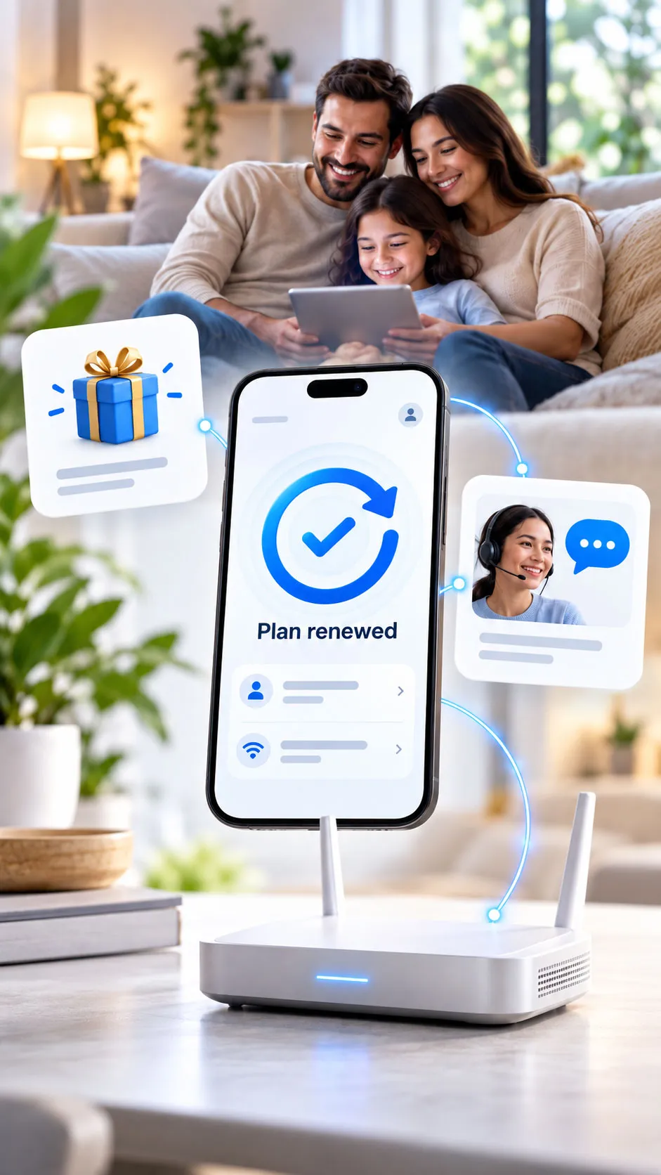 Telecom plan renewal supported by customer rewards and service.