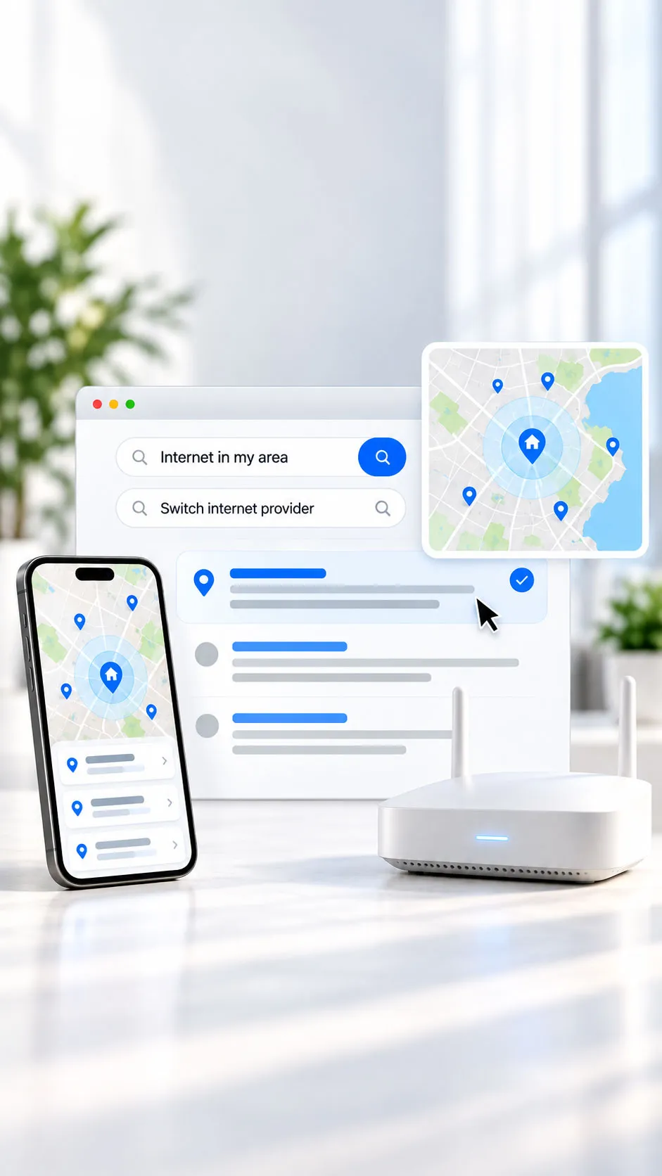 Internet coverage and provider switching searches alongside a smartphone and router.