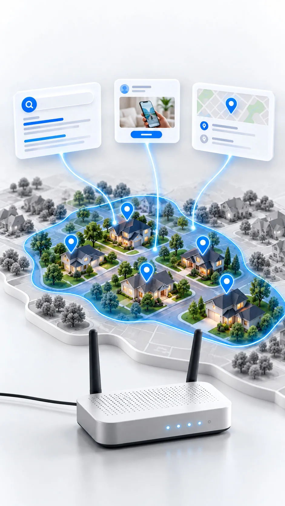 Telecom lead generation channels connected to homes within a service area.