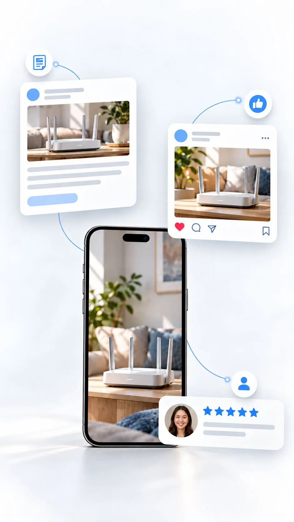 Connected telecom content, social media, and customer review graphics.