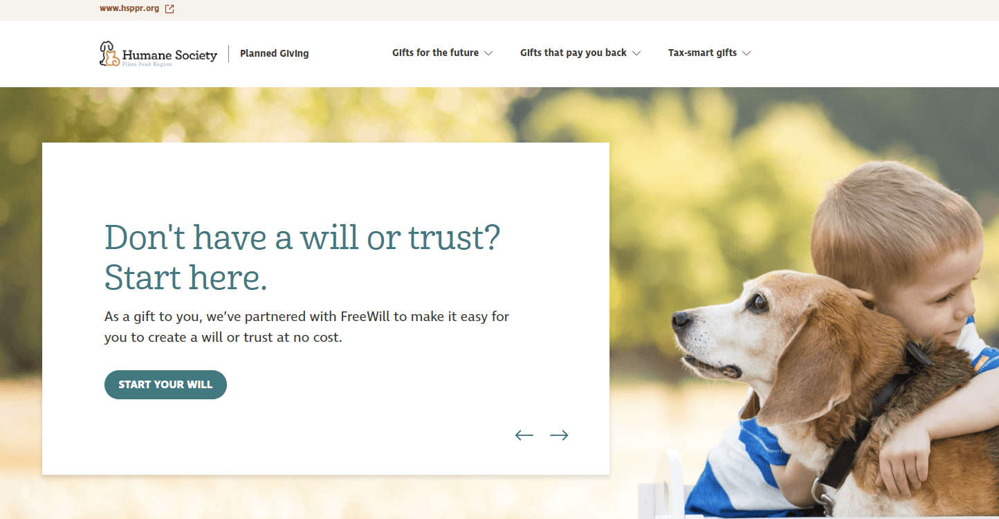 A microsite that explains different legacy gifts that the Humane Society of Pikes Peak Region accepts with FreeWill’s planned giving tools.