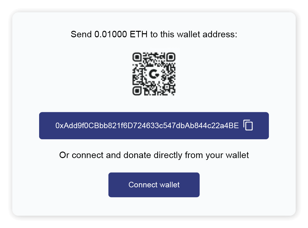 A QR code and donation link created with FreeWill’s crypto donation tool.