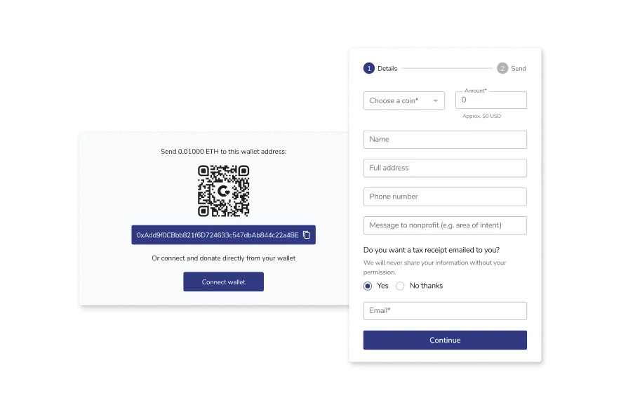 A mockup of a form and QR code created with FreeWill’s crypto donation tool