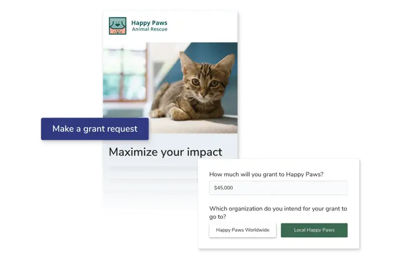 A mockup of FreeWill’s donor-advised fund software for an organization called Happy Paws.