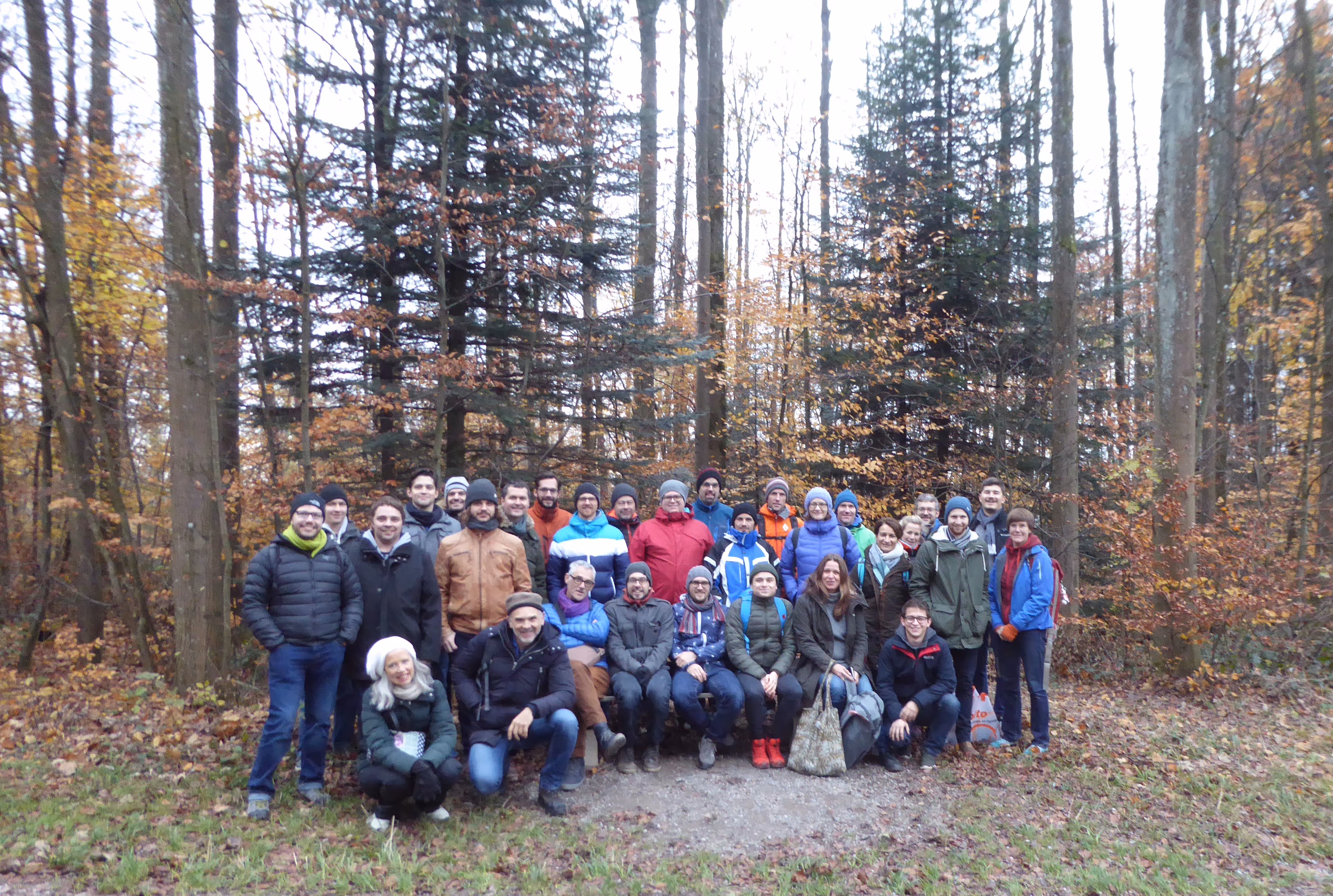 Gruppenfoto von 29 Personen in herbstlichem Wald mit buntem Laub auf dem Boden.