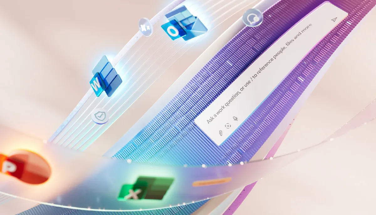 Stilisiertes Bild zeigt Copilot Chatfenster und Office Anwendungen.