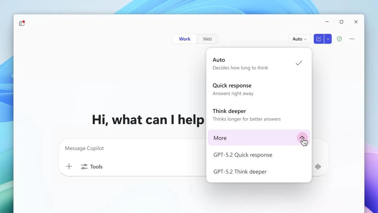 Screenhot des Copilot Chat mit Auswahl des GPT Modells.
