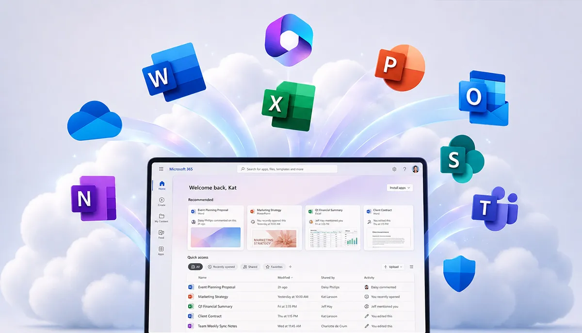 Ein Laptop mt Microsoft 365 und verschiedenen App Icons dahinter.