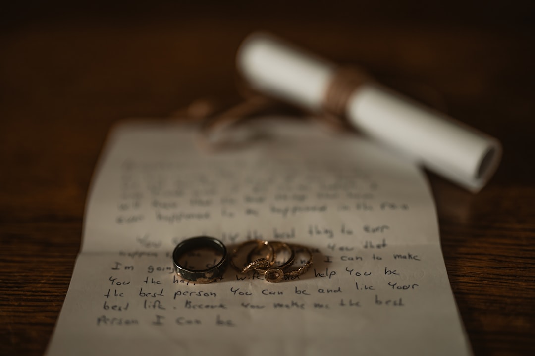 a couple of wedding rings sitting on top of a piece of paper