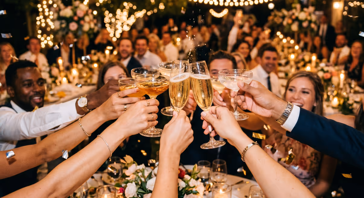 glasses clinking at wedding