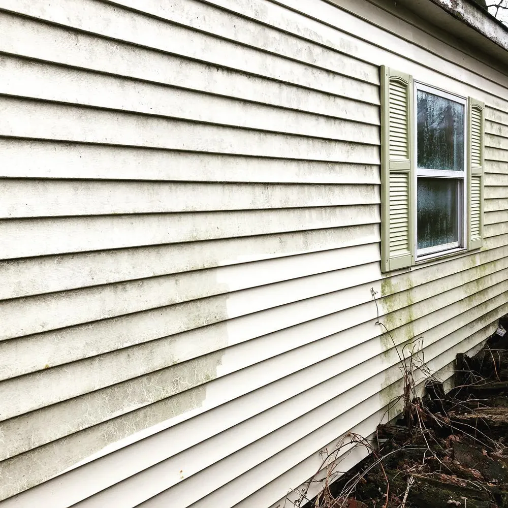 Home siding in Wheeling before professional soft wash service.