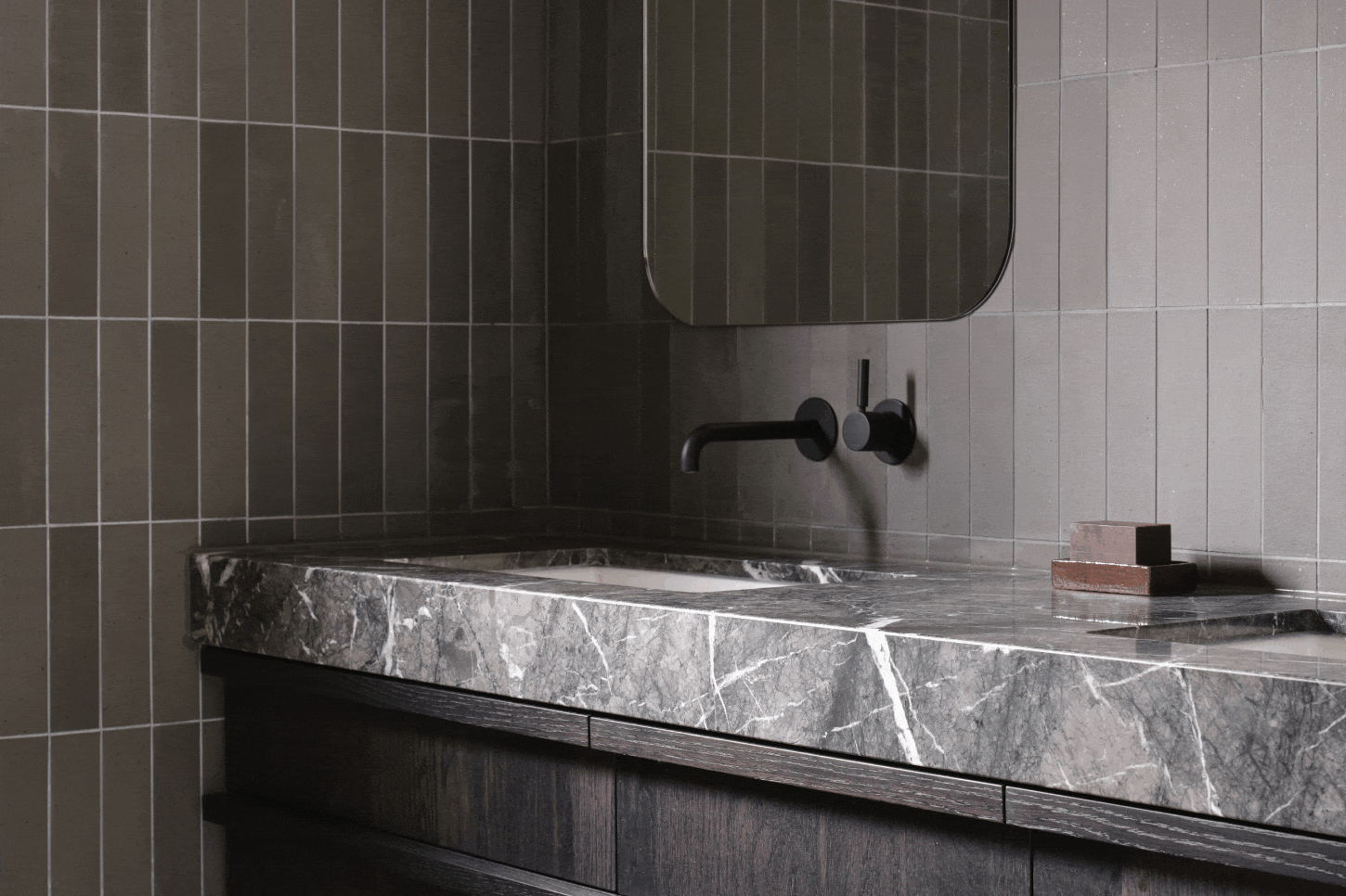 Rotation of images - ceramics cups on a black oak table, wood and marble kitchen, Earthy bedroom styling, black and oak veneer kitchen cabinetry, soft grey bathroom tiles with natural oak finishes