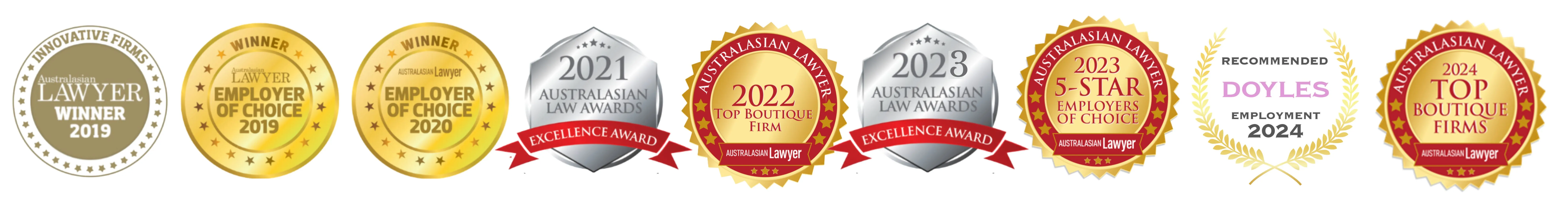 Pragma Lawyers awards including Australasian Lawyer Employer of Choice, Australasian Law Awards and Doyle's Guide recognition
