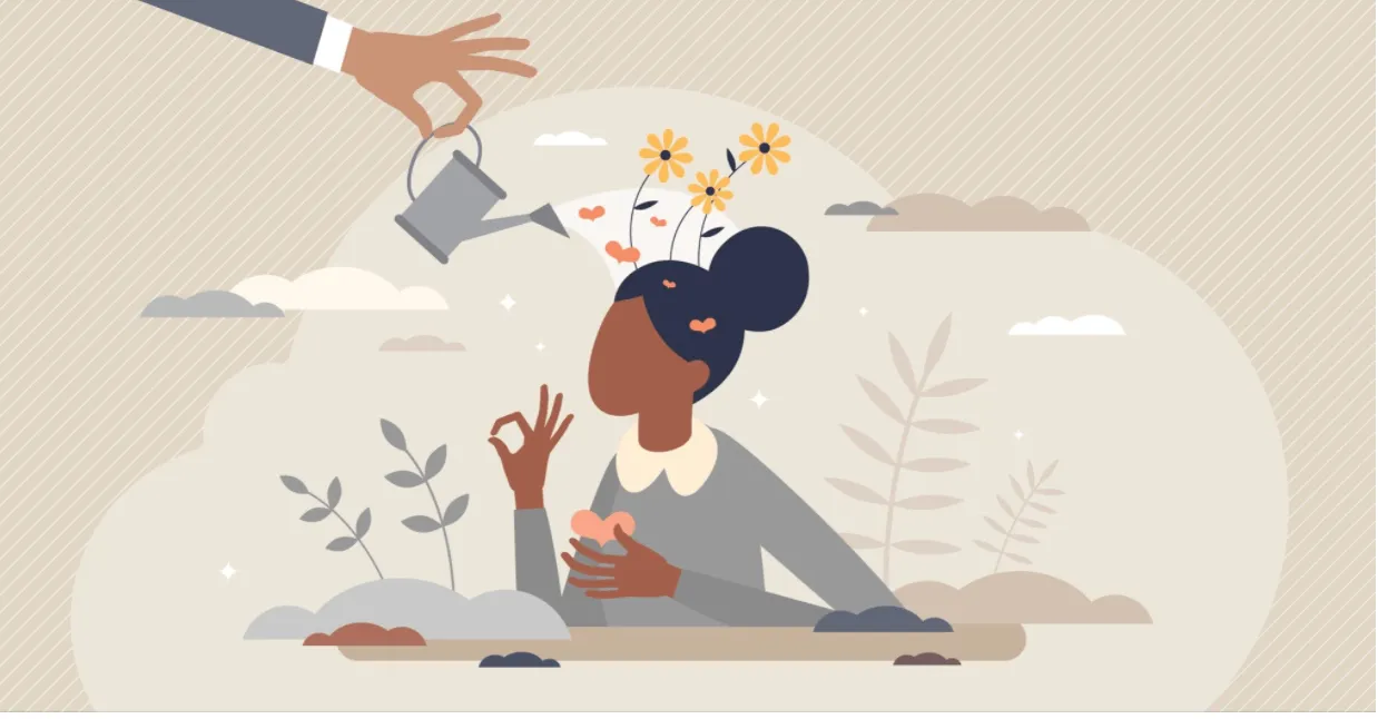 Cartoon illustration of a woman surrounded by plants