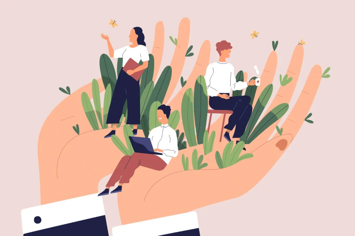 Cartoon illustration of people sitting in 2 hands