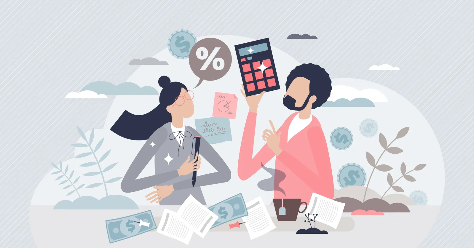Cartoon illustration of two people discussing finances