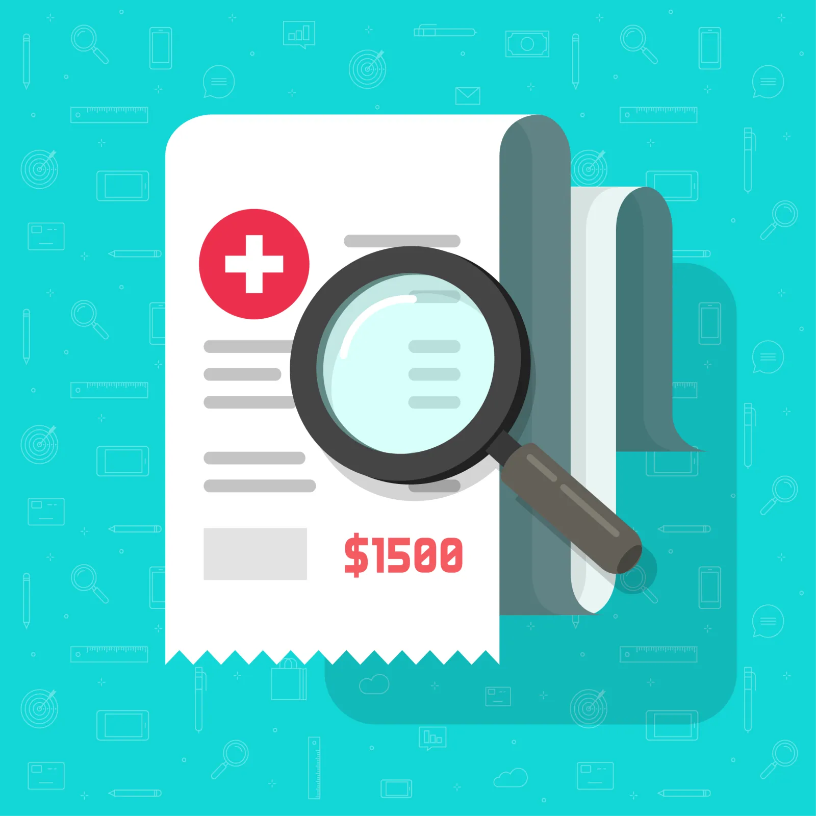 Cartoon illustration of a medical bill and a magnifying glass