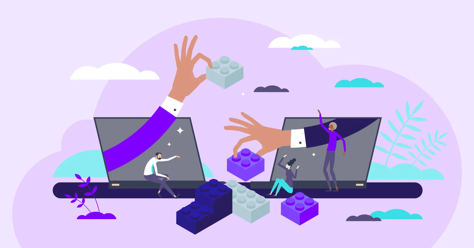 Cartoon illustration of people moving lego pieces with laptops in the background