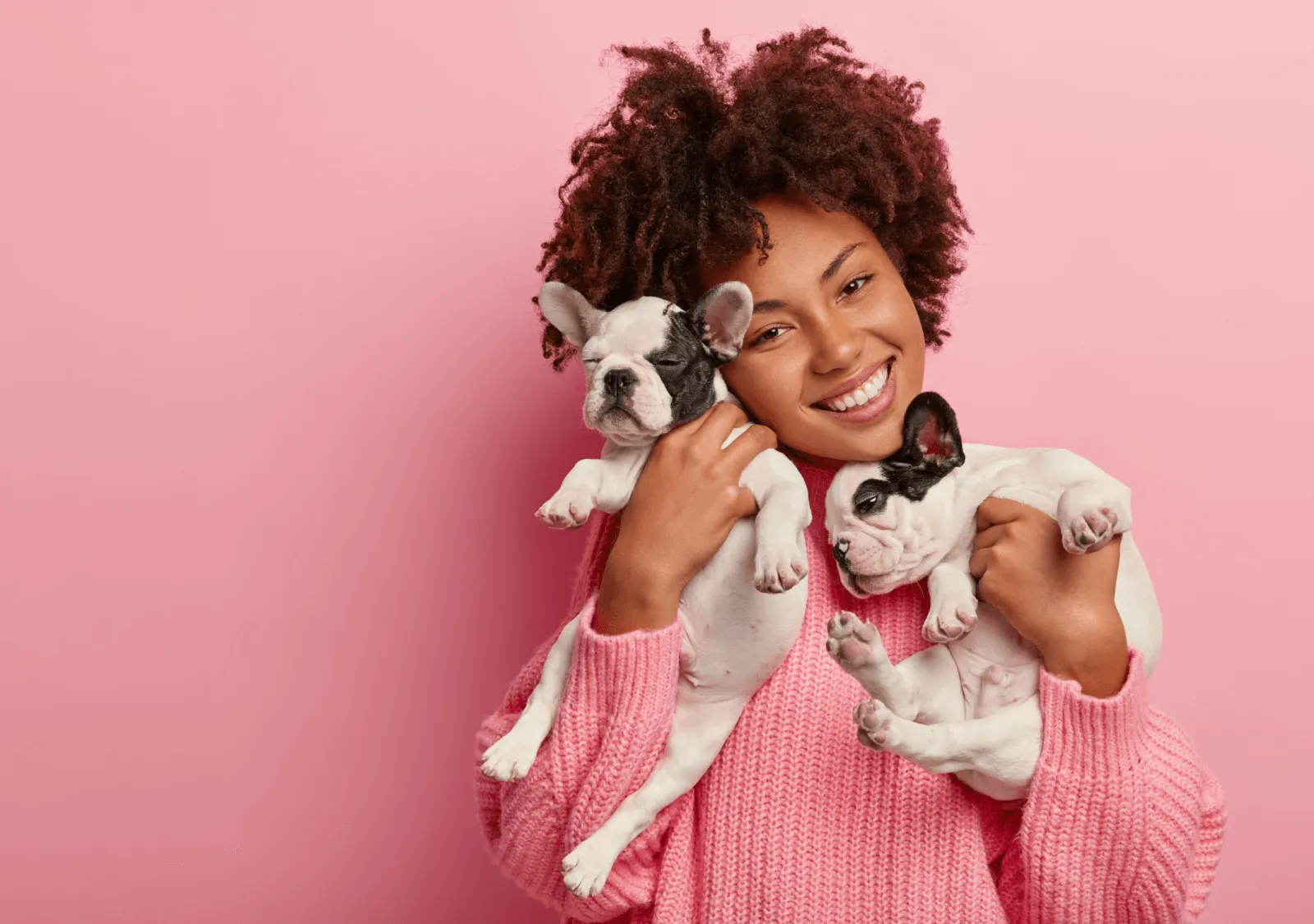 Woman in pink jersey holding two french bulldog puppies
