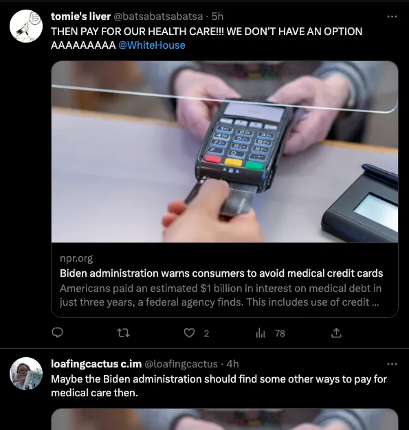 Tomie's Liver on Twitter Screengrab saying "Then pay for our healthcare!! We don't have an option aaaaaaaaa @whitehouse"
