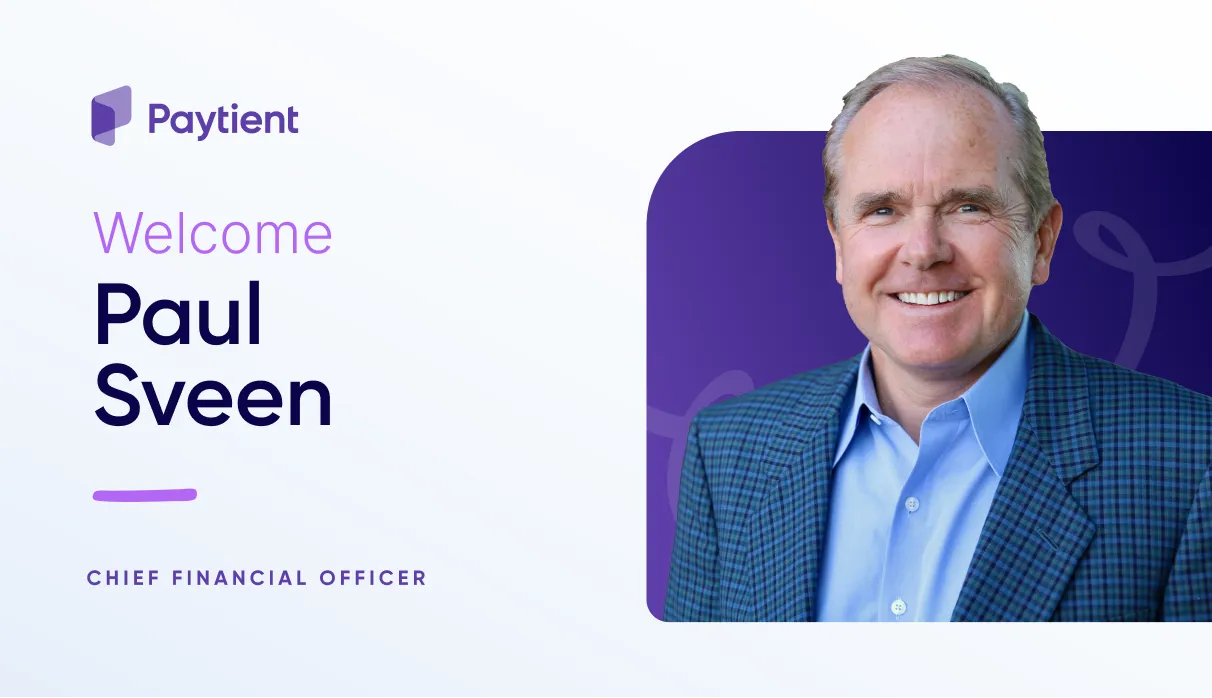 Paytient Logo above Welcome Paul Sveen Chief Financial Officer with Paul Sveen's photo on a purple box over a full light blue background