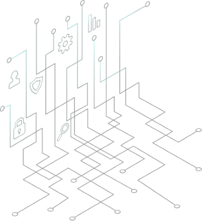 Abstract digital network with icons representing user, shield, settings gear, bar chart, padlock, and magnifying glass connected by glowing blue lines on a black background.