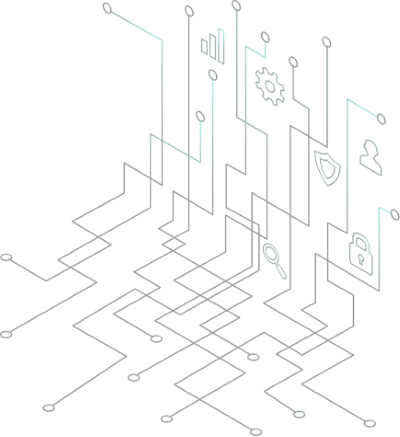Dark digital circuit-like lines with icons representing data analysis, settings, security, and user connections on a black background.
