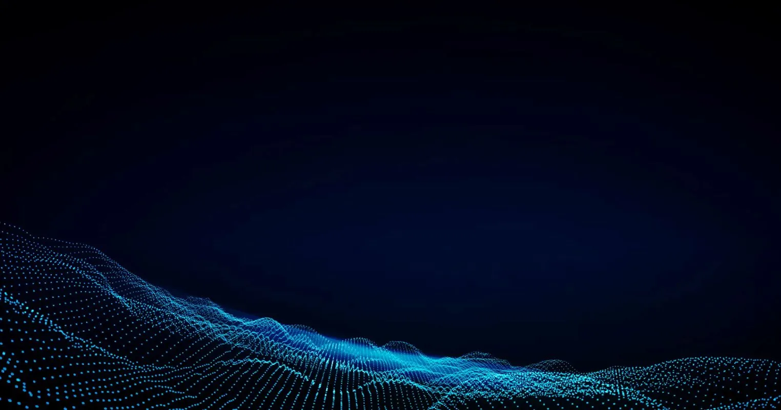 Blue digital wave of dots and lines on a dark background representing data or technology.