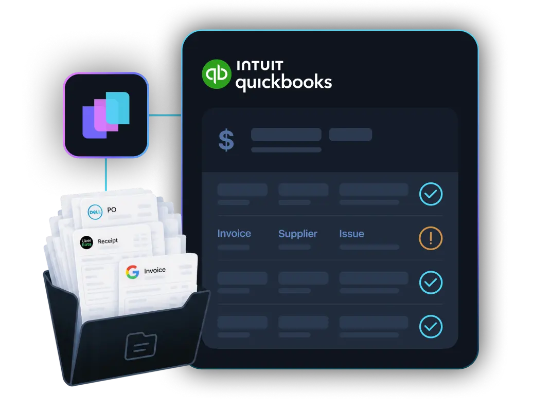 Diagram showing multiple expense entries from apps like Uber Eats, Google, and Starbucks converging into a central software, which then connects to accounting platforms QuickBooks, Xero, and Sage.