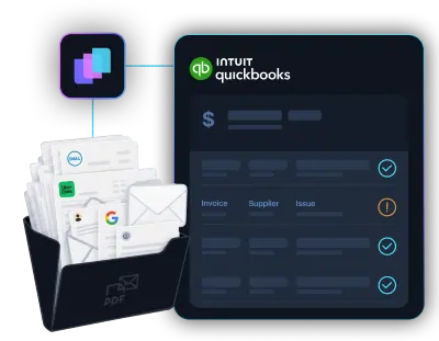 Diagram showing multiple expense entries from apps like Uber Eats, Google, and Starbucks converging into a central software, which then connects to accounting platforms QuickBooks, Xero, and Sage.