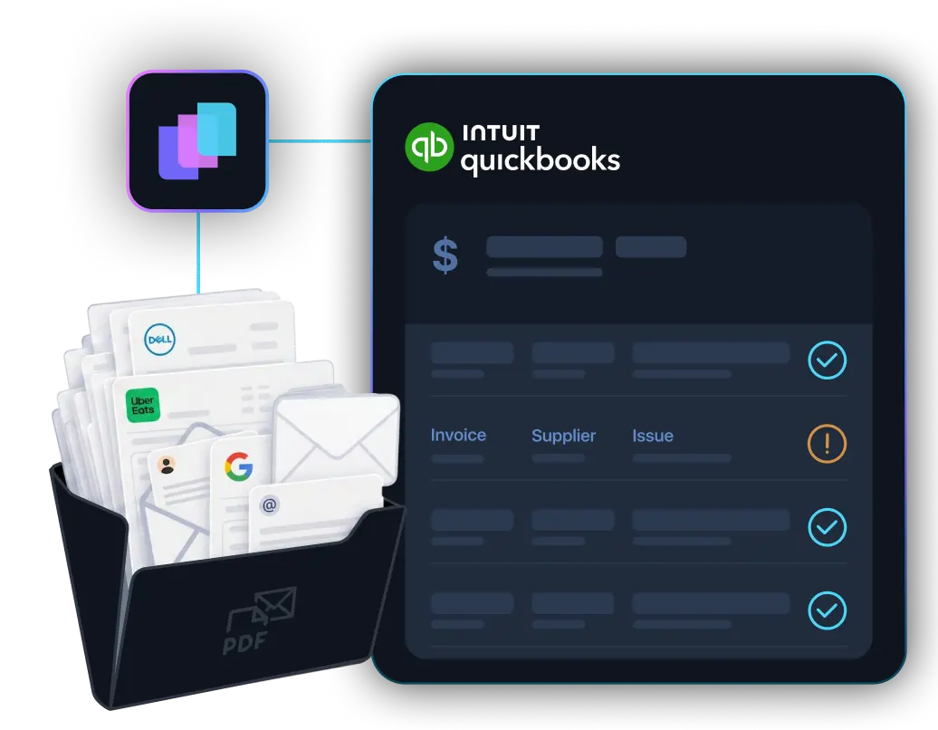 Diagram showing multiple expense entries from apps like Uber Eats, Google, and Starbucks converging into a central software, which then connects to accounting platforms QuickBooks, Xero, and Sage.