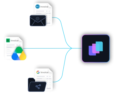 Diagram showing multiple expense entries from apps like Uber Eats, Google, and Starbucks converging into a central software, which then connects to accounting platforms QuickBooks, Xero, and Sage.