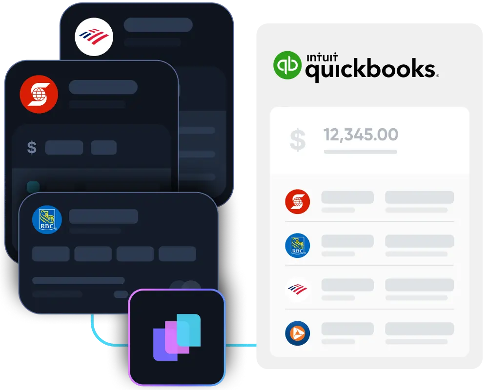 Diagram showing multiple expense entries from apps like Uber Eats, Google, and Starbucks converging into a central software, which then connects to accounting platforms QuickBooks, Xero, and Sage.