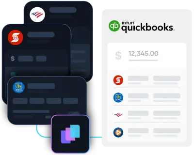Diagram showing multiple expense entries from apps like Uber Eats, Google, and Starbucks converging into a central software, which then connects to accounting platforms QuickBooks, Xero, and Sage.
