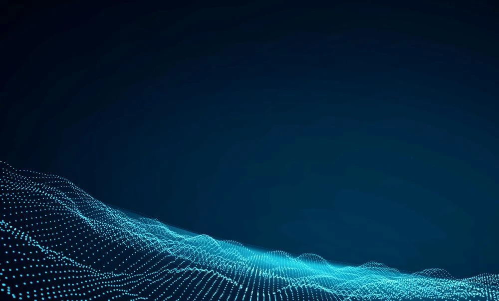 Blue digital wave of dots and lines on a dark background representing data or technology.