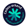Blue circular emblem with a turquoise star-like symbol in the center and Dutch text around it reading 'Cedeo-erkend' and 'Bedrijfsopleidingen en advies'.