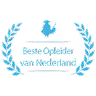 Blue emblem shaped like a shield with laurel leaves on both sides and three stars above, containing white text in Dutch that reads 'Beste Opleider van Nederland', which means 'Best Trainer of the Netherlands'.
