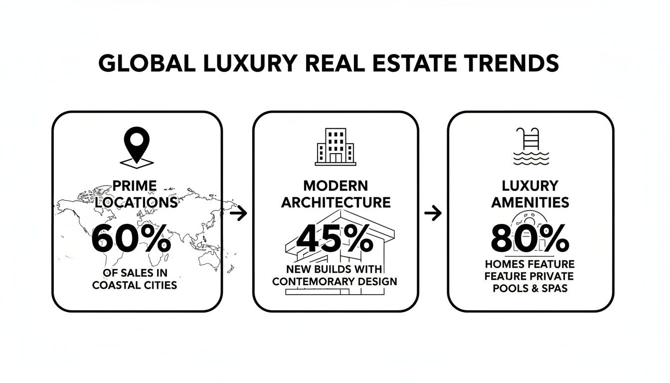 An infographic detailing global luxury real estate trends, including prime coastal locations, modern architecture, and luxury amenities like pools and spas.